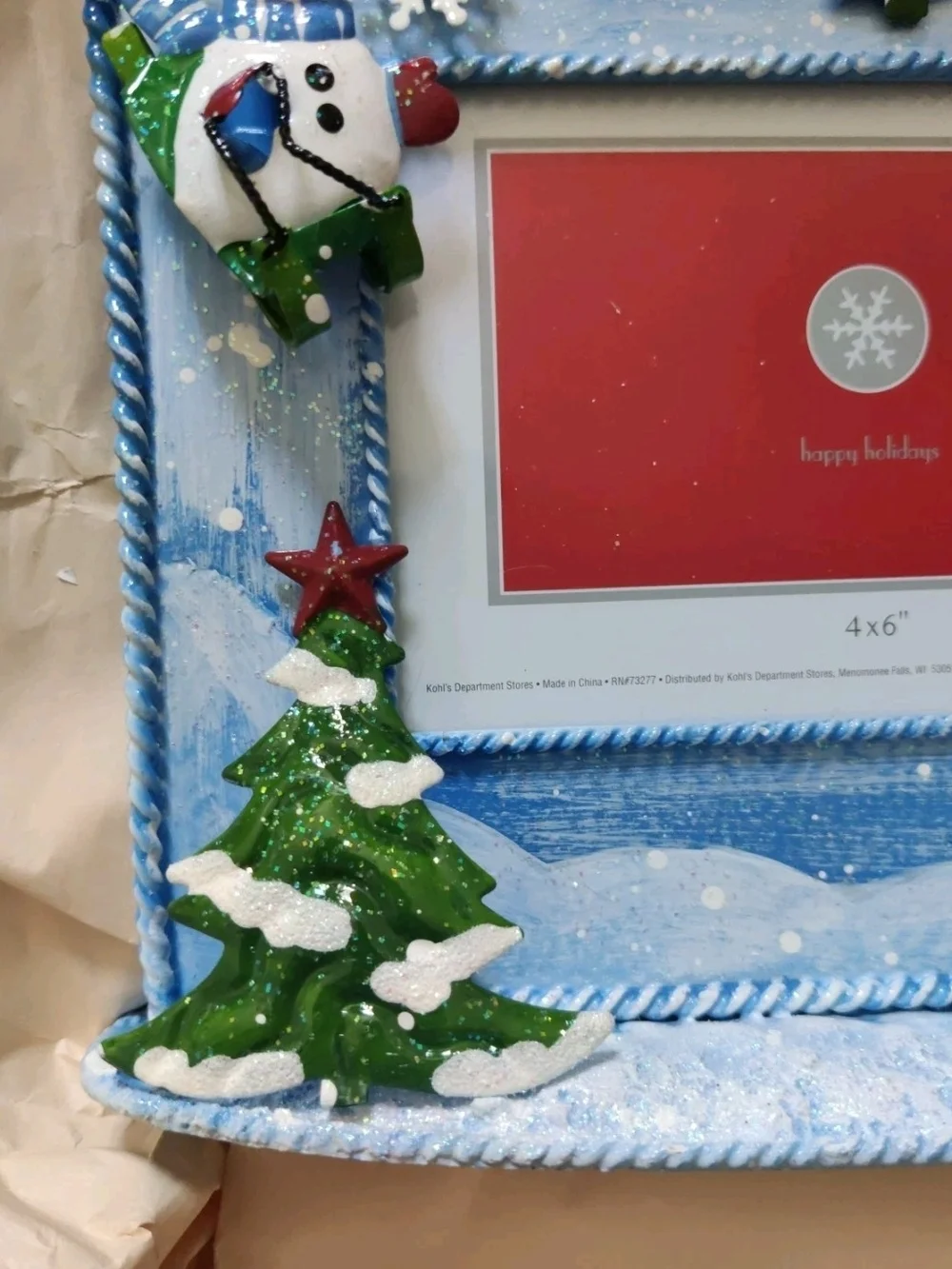 Kohl's Blue Snowman Holiday Picture Frame with Green Trees